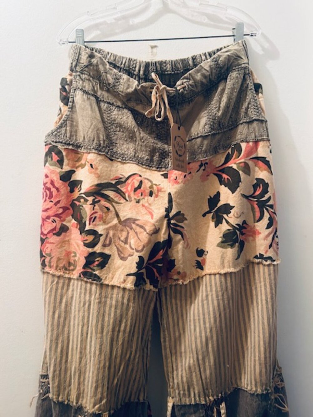 1397 A Rare Bird Chambray Tiered Roses & Striped Tie Waist One Size Pants NWT - Picture 7 of 16